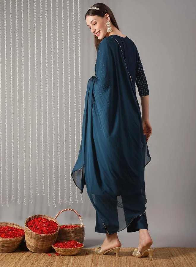 globus Women Navy Blue Embroidered Yoke Design Kurta with Pant and Dupatta Set